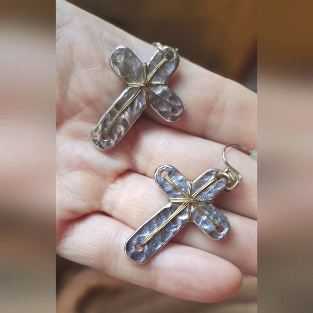 Beautiful Hammered Silvered Brass Wire Wrapped Cross Earrings
